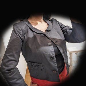 TARA JARMON Black Polished Cotton Crop Blazer w/Bow Pockets, MADE IN FRANCE sz 6